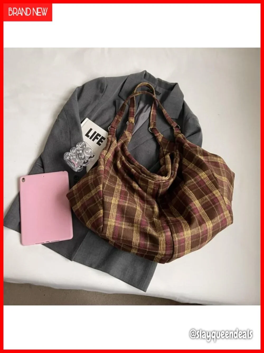 Plaid Canvas Slouchy Hobo Shoulder Bag for Women, Large Canvas Tote, Lightweight